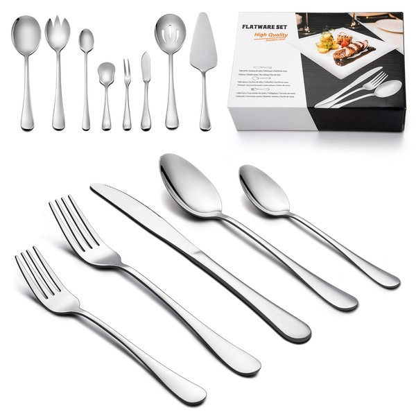 Silverware Set with Serving Pieces, LIANYU 48-Piece Flatware Set Service for 8, Stainless Steel Cutlery Eating Utensils, Mirror Finish, Dishwasher Safe