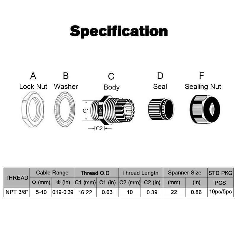 LeMotech 10 Pack NPT 3/8" Cable Glands Waterproof Adjustable 5-10mm
