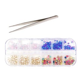 allydrew Dazzling Nail Art Rhinestones Nail Manicure with Plastic Case, Ivory & Aquamarine