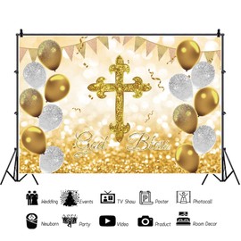 OERJU 7x5ft God Bless Backdrop Baptism Party First Holy Communion Christening Background Gold Glitter Cross Balloons Baby Shower Newborn Birthday Party Decoration Banner Photo Booth Studio Props