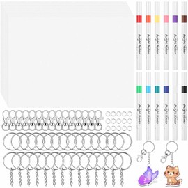 Flasoo Kit de 87 piezas de hojas de plástico retráctil, incluye 15 hojas de papel de arte retráctil, marcadores de pintura acrílica, llaveros para manualidades creativas y fabricación de llaveros