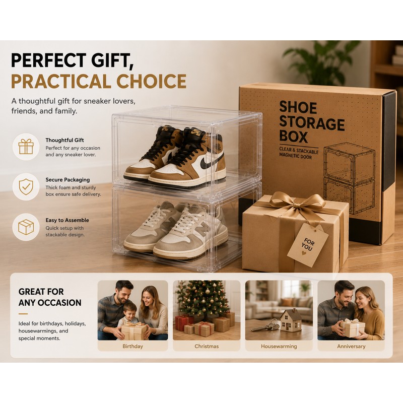 Large Clear Sneaker Display Box with Magnetic Front Door, Stackable