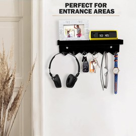 Echehi Key Holder with 6 Hooks, Easy to Install Key Holder, No Drilling, Metal Key Rack, Coat Rack, Letter Stand, Suitable for Entrance Areas and Behind Doors (Black)