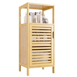 HITNET Bathroom Cabinet Freestanding, Small Bamboo Floor Cabinet, 4 Tier Single Door Sofa Side Table Storage Organizer, Space Saving Kitchen Cupboard, Natural