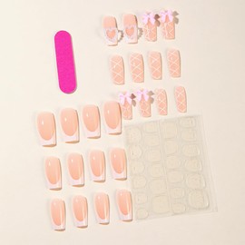 Press on Nails Almond Pearl Heart Bow - Glue on Nails False Nails Full Cover Stick on Nails Medium Artificial Nails for Women Manicure, 24Pcs