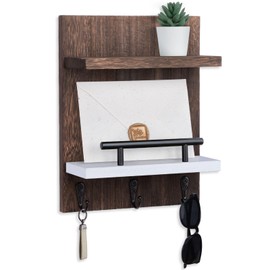 Key Holder Wall Mount, Key Holder With 2 Display Shelf, 3 Hooks for Key, Coat, Dog Leash, Key Hanger with Hook for Mail, Potted Plant, Farmhouse Mail Holder, Entry Way Organizer (Brown & White)