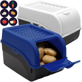 ARTECSIS Potato Storage Box, Dark Blue and White, Set of 2, Vegetable Box, Potato Box with Lid for Approx. 4 kg Potatoes + 6 Stickers with Vegetables