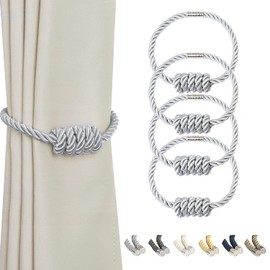 BEL AVENIR Magnetic Curtain Tiebacks, Decorative Drapery Holdbacks Modern Woven Tie-Backs with Exquisite Knot (Sliver, 4 Pack)