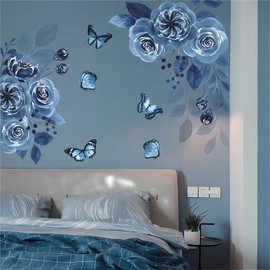 Blue Siren Peony Rose Flower Wall Stickers,sacinora Butterfly Floral Art Plants Wall Decals Removable Vinyl Peel and Stick for Living Room Bedroom Children's Room Kitchen Sofa TV Background Decoration