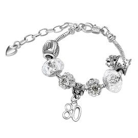 Womens 80th Birthday Sparkly Crystal Charm Bracelet with Silver Gift Box