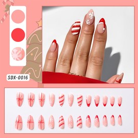 24Pcs Christmas Press On Nails - Short Almond False Nails, Red French Tip, White Snowflake Designs, Glossy Glue On, Full Cover, Press Ons
