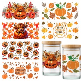 6 Sheet Fall UV Dtf Cup Wraps for 16 Oz Glass Cups Waterproof UV Dtf Transfers Ready to Press Stickers Rub on Transfers for Crafts Wrap Decals for Tumblers Mugs Wood Car Decor - Pumpkin Maple Leaf
