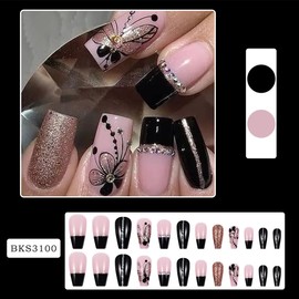 Square Press on Nails Medium French Fake Nails with Flower Butterfly Design French Tip Glue on Nails Glitter Artificial Rhinestones False Nails Full Cover Black Nail Tips Acrylic Nails for Women 24Pcs