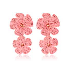 RUOFFETA Raffia Flower Earrings, Raffia Straw Wrapped Flower Drop Dangle Earrings Summer Tropical Beach Jewelry(Pink)