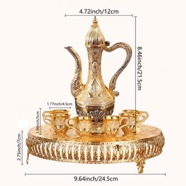 Turkish Coffee Cup and Tea Pot Set Including Teapot,Tea Tray,6 Metal Cups,Tea Service Set for Tea Table Decor,Hip Flask(Gold)