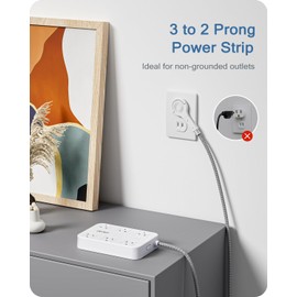 LENCENT LENCENT 2 Prong Power Strip, 3 to 2 Prong Outlet Adapter, Two Prong Surge Protector, 6ft Braided Extension Cord with Thin Flat Polarized Plug, 6 AC&4 USB(1 Type-C), Wall Mount for Non-Grounded Outlet