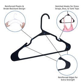 Our Modern Space 200 PACK Plastic Hanger for Shirt Pants Coats Dresses Skirts Suits Jackets - Standard Thick Coat Hanger - Sturdy & Durable Design with Shoulder Grooves Hook - BLACK