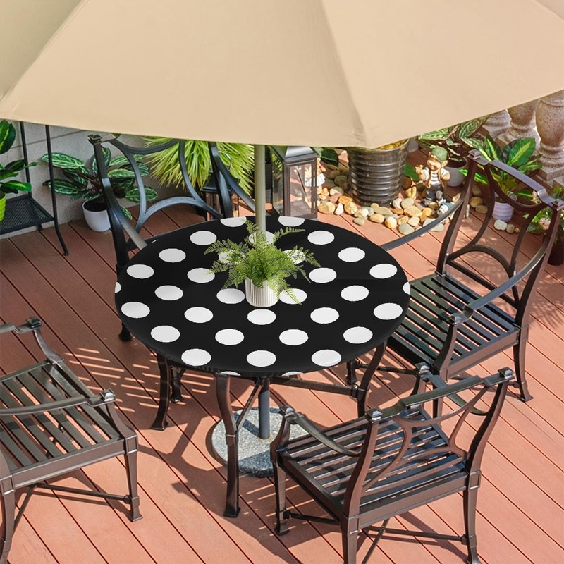Outdoor Tablecloth with Umbrella Hole and Hidden Zipper,Black White Polka