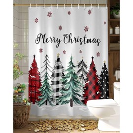 Merry Christmas Shower Curtain, Winter Grey and Red Buffalo Plaid Xmas Tree Forest Farmhouse Shower Curtain Set with Hooks, Waterproof Shower Curtain for Bathroom Decor Bathtub Accessories, 72x72 In