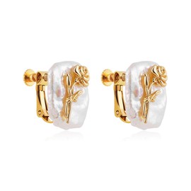 SLOONG Birth Flower Earrings 18K Gold Plated Fresh-Water Pearl Earrings for Women Fake Piercing Baroque Pearls Ear Cuff (June-Rose)