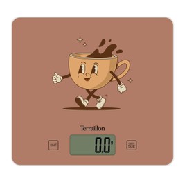 TERRAILLON - T1040 Retro Coffee - Electronic Kitchen Scale, Glass Top, Capacity 3 kg, Scale 1 g, Tare Conversion of Liquids, Ultra Thin and Compact - LCD Display - Retro Coffee