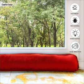 Plain Dyed Fabric Hollowfibre Filled Draught Excluder Stopper Cushion - Heavy Door Draught Stopper for Bottom of Door/Window - Draft Insulator - 90x18cm (Red)