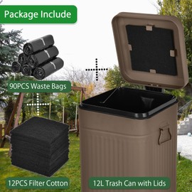 Umtiti Dog Poop Trash Can with Lid for Outdoors，3.2 Gallon Trash Can with Activated Carbon Filter & Plastic Bags, Pet Waste Container，UP12L-Brown-F+90BK