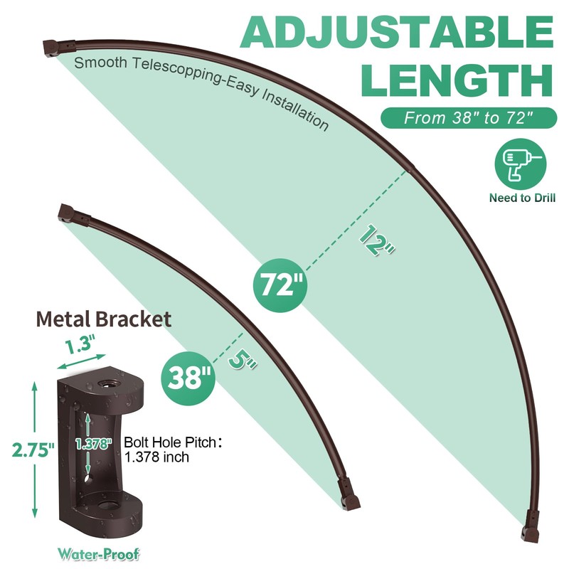Curved Shower Curtain Rod For Bathroom 38-72 Inches, Adjustable Length,