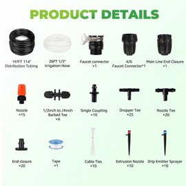 136Pcs Drip Irrigation System, 26+197FT Automatic Garden Watering System with Adjustable Misting Nozzle Sprinkler, 1/4 inch 1/2 inch Blank Distribution Tubing Watering Drip Kit for Greenhouse, Patio