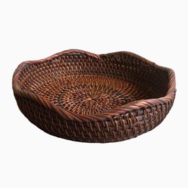 AMOLOLO Handmade Rattan Round Fruit Basket Food Storage Bowls Kitchen Organizer Snack Serving Bowl 9 Inch Wavy Edge Circle Tray Basket with 2” Deep Wall, Dark Brown Décor Display Tray Bowl, S
