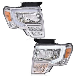 CROSSDESIGN Headlight Assemblies LED Tube Compatible with Ford F150 2009-2014 Headlamps Driver Side & Passenger Side Clear Lens Chrome Housing Amber Reflector