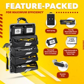 Luxadar Updated Roll-Up Tool Bag, Large, Extra Features, 6 Interchangeable Pouches with Name Tags, Water & Grease Resistant, Heavy-Duty Tool Organizer, Shoulder Strap, Gift Tool Bags For Men