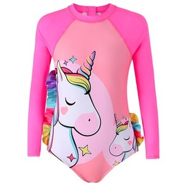 PURFEEL Girls Unicorn One Piece Swimwear Zipper Rashguard Swimsuit Kids Long Sleeve UPF 50+ UV,Pink Unicorn Sunsuit 4-5Years