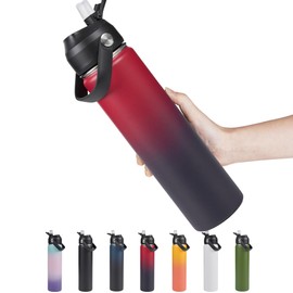 Fijinhom 24oz Insulated Stainless Steel Water Bottle, Wide Mouth Double Wall Vacuum, Silicone Straw, Sweat & Leak Proof, BPA Free Insulated Water Flask for Travel, Keep Cold 24h Hot 12h, Red