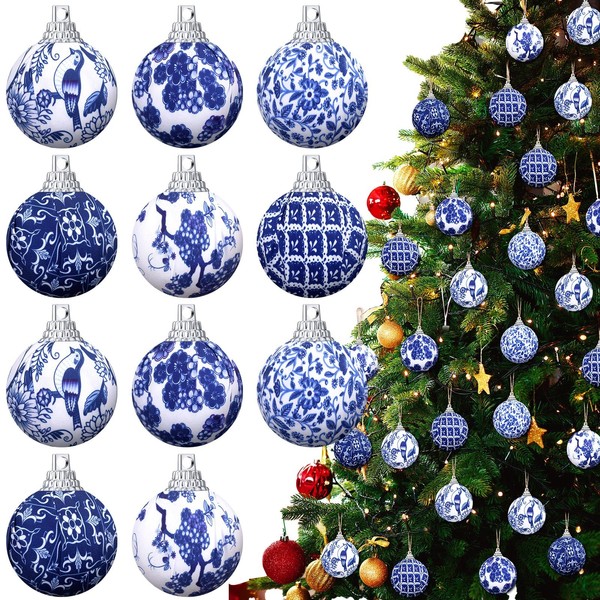 Preboun 48 Pcs Christmas Blue and White Chinoiserie Ball Ornaments