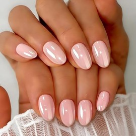 SXVME Uñas postizas cortas ovaladas color rosa nude cromado, 32 piezas de uñas postizas gruesas y bonitas con acabado brillante y diseño de espejo, uñ