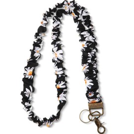 Geyoga Scrunchie Lanyards for ID Badges Keys Neck Stretchy Teacher Lanyards Cute Retractable Keychain Holder for Women Ladies(Black Daisy)