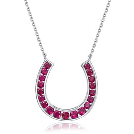 RANDES Red Ruby Horseshoe Necklace 925 Sterling Silver Created Gemstone Horse Shoe Necklace Lucky Jewelry for Women