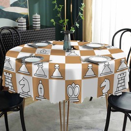 AOYEGO Brown Chessboard Table Cloth King Queen Horse Role Chess Game Round Tablecloth 60 Inch for Dining Room, Party, Banquet
