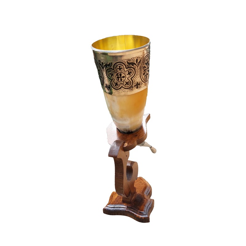 Viking Drinking Horn, 5-7oz Medieval Natural Handcrafted Horn with Wooden
