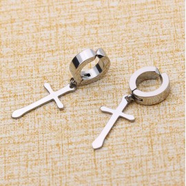 Non-Pierced Clip On Cross Dangle Drop Hoop Hinged Earrings Set for Men Women No Piercing Ear Plug Jewelry for Graduation Easter Christmas