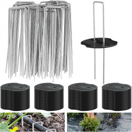 50Pcs Garden Stakes Staples + 50Pcs Gasket, 6 Inch Lawn Landscape Staples 11 Gauge U Shaped Galvanized Landscape Pins, Heavy Duty Yard Ground Pin for Weed Barrier Sod Fabric Decorations - 6"