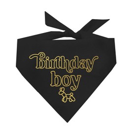 Birthday Boy Metallic Printed Dog Bandana | 100% Cotton Adjustable Triangle | Birthday Pawty | Party Theme | Celebration Supplies | Photoshoot Prop |Black, Gold Foil (1330)