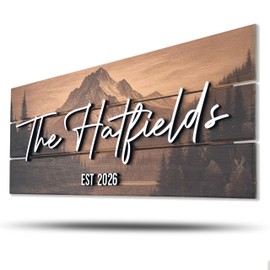 Custom Mountain Family Name Sign - Rustic Wood Wall Decor, Personalized Wedding & Gift for Couples Anniversary, Housewarming Gift for New Home (Medium)