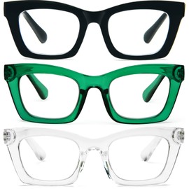 REAVEE 3 Pack Oprah Style Reading Glasses Blue Light Blocking Computer Square Readers for Women with Spring Hinge Anti Glare/Eyestrain, Black Green Clear 1.5