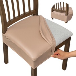 NILUOH Waterproof Seat Covers for Dining Room Chairs Set of 2, Pu Leather Chair Seat Slipcovers Dining Chair Cover Removable Washable Chair Protctor Cover, Rear Covers (PU-Khaki)