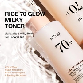 Anua Rice 70 Glow Milky Toner, Glass & Dewy Skin, Hydrating & Barrier Care, Rice Water, Niacinamide, Ceramides, All Skin Types, Fragrance-Free, Non Comedogenic, Korean Skincare, 8.45 fl.oz.