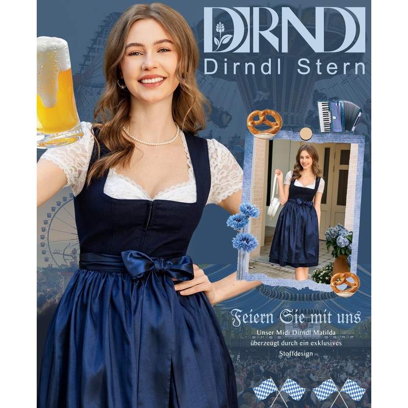 DIRNDLSTERN Women's Blue Without Lacing Midi Women's Outfit Oktoberfest 2025,
