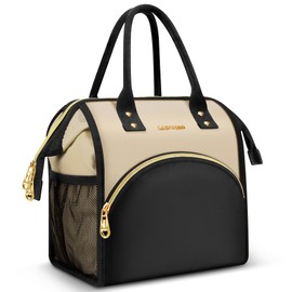 Lunch Bag Women Insulated Lunch Box Wide-Open Lunch Tote Bag Large Drinks Holder Durable Nylon Thermal Snacks Organizer for Men Adults Work Picnic Hiking Beach Fishing, Light Khaki+Black