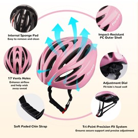 Plusawa Kids Helmet for 5-18 Years, Lightweight PC Shell, Interior Padding, Adjustable Multi-Sport Kid Helmet Skateboard/Cycling/Scooter/Skating 52-56cm (Pink, M)